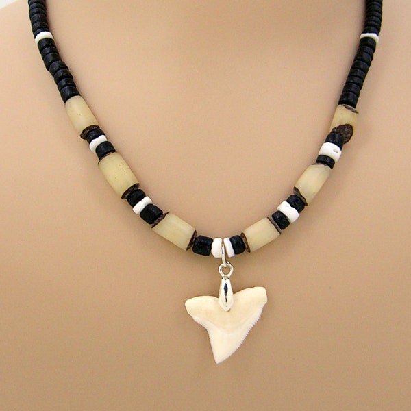 XL Bull Shark Tooth Necklace 18" 21" 24" Black Coconut Beads, Puka Sea Shell, and Buri Palm, Pirate, Beach