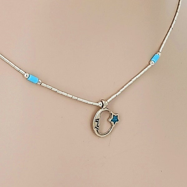 Moon Star Choker Necklace: Sterling Liquid Silver with 2 Turquoise Beads, 17 Inches, 3075-Moon