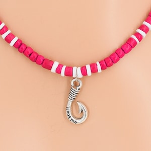 Fishhook &#39;Hook Me&#39; Necklace Pink or Purple Coconut Beads White Puka Shell Hawaiian Beach Surfer 18-Inches 7107-312