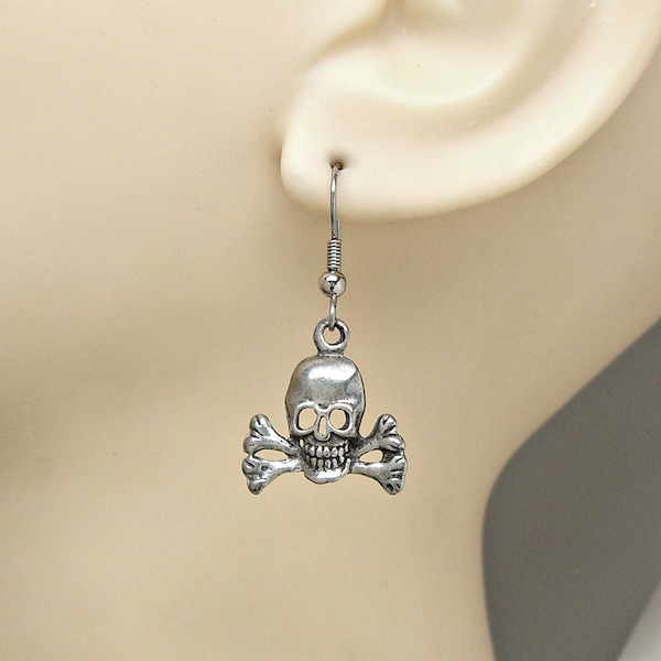 Earrings Skull and Crossbones Pirate Dangle French Hook Ear Wires Pair 10EW