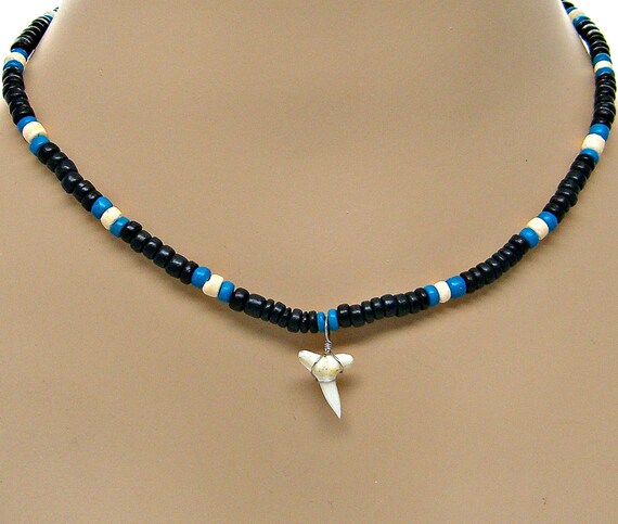 thumbnail image 2 of BlueRica Shark Tooth Necklace - Genuine Fossil Tooth With White & Blue Clam Shell Beads 2 of 12