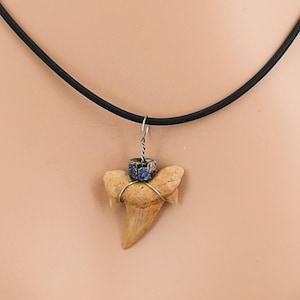 Large Fossil Shark Tooth Necklace Wire Wrapped Pendant w-Bead on Black Silicone Cord, Length is a total 20.5-Inches Surfer SUP 7204B-#2