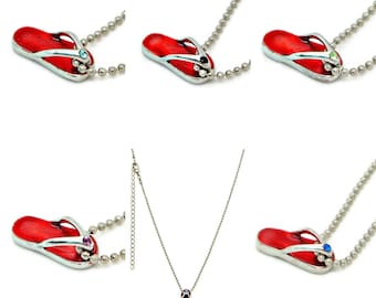 Tiny Red Flip Flop Sandal Necklace Asst Crystals Colors Silver Plated Pendant and Chain RFF