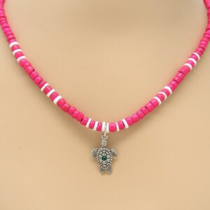 Sea Turtle Crystal Pendant Necklace Surfer SUP Girl Pink or Purple Coconut Beads White Puka Shell Beach 18-Inches 7107-11