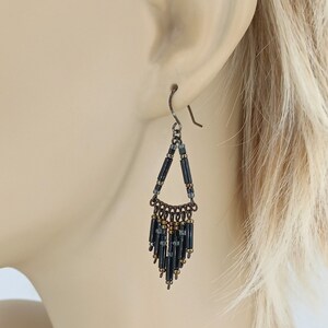 Black Beaded Earrings Triangle Drop Dangle Ear Wires Anodized Black 8366 BB