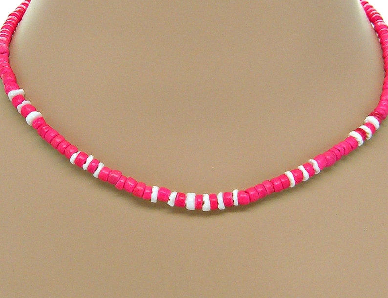 Surfer Necklace SUP 17 Inches Girls Women 7107 Necklace Pink Coconut Beads White Puka Shell Hawaiian Sea Shell Beach Jewelry