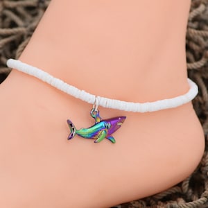 Rainbow Shark Puka Shell Anklet, Adjustable, White 3-4mm Shell Beads, 9&quot; to 12&quot; Hawaiian Surfer SUP Beach Sea Shell Jewelry 5235-105