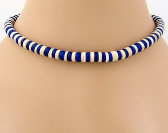 16" Surfer Choker Necklace 8mm Dia. Blue & White Coconut Beads SUP Hawaiian Beach Jewelry 7036