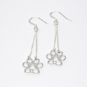 Sterling Silver Earrings Dog Cat Paw Print with CZ on Chain Ear Wires 3579