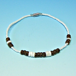 Anklet Hawaiian Surfer SUP White Puka Shell Seed Beads Brown Coconut Shell Beads 9-Inches 5206