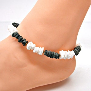 Puka Sea Shell Anklet 10&quot; Black and White Square Cut Chip Hawaiian Surfer SUP Beach Jewelry 5233BW