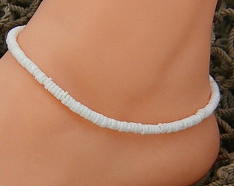 Puka Shell Anklet White Adjustable 9 - 12 Inches 3-4mm Shell Beads, Hawaiian Surfer SUP Beach Sea Shell Jewelry 5235