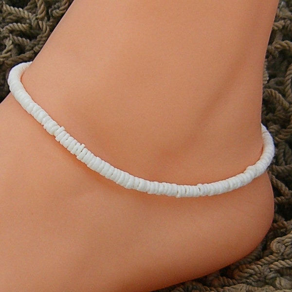 Puka Shell Anklet White Adjustable 9 - 12 Inches 3-4mm Shell Beads, Hawaiian Surfer SUP Beach Sea Shell Jewelry 5235