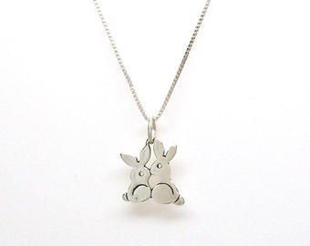 Two Bunny Rabbits Sterling Silver Tiny Animal Charm Pendant or Necklace 1997