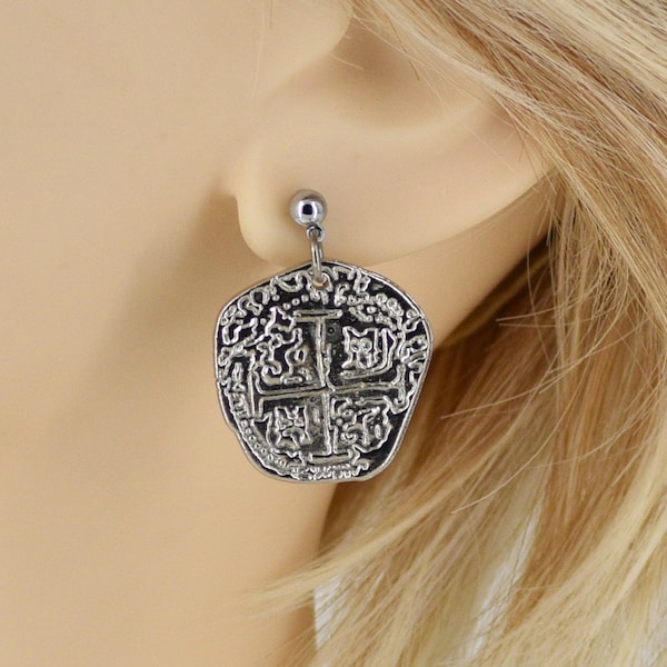 Pirate Spanish Coin Silver Post Earrings, Dangle Ear Studs, Drop Earrings, Replica, Pieces of Eight, Treasure, Doubloon  FP154-66