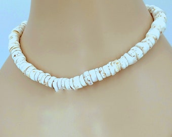 Large Puka Shell Necklace Chunky 12-14mm Real Sea Tumbled Round Hawaiian Natural Shell Beach Vintage, Surfer Necklace, SUP 18 Inches PSN-3