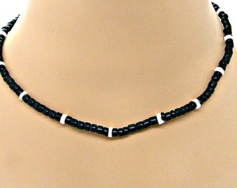 Surfer Beaded Necklace 4-5mm Diameter Puka Seashell and Black Coconut Beads, Beach Jewelry Choice of 18, 21, 24-inch lengths