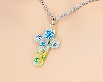 Millefiori Cross Necklace, Silver Stainless Steel Cable Chain, 15 - 23.5 Inches  9029-MF-CROSS-17