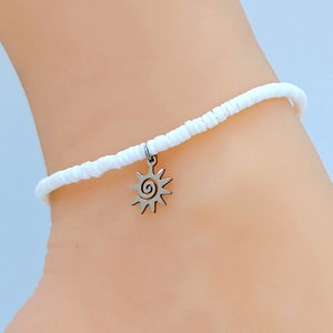 Spiral Sunburst Puka Shell Anklet, Adjustable, White 3-4mm Shell Beads, 9&quot; to 12&quot; Summer Sunshine Sea Shell 5235-330SP