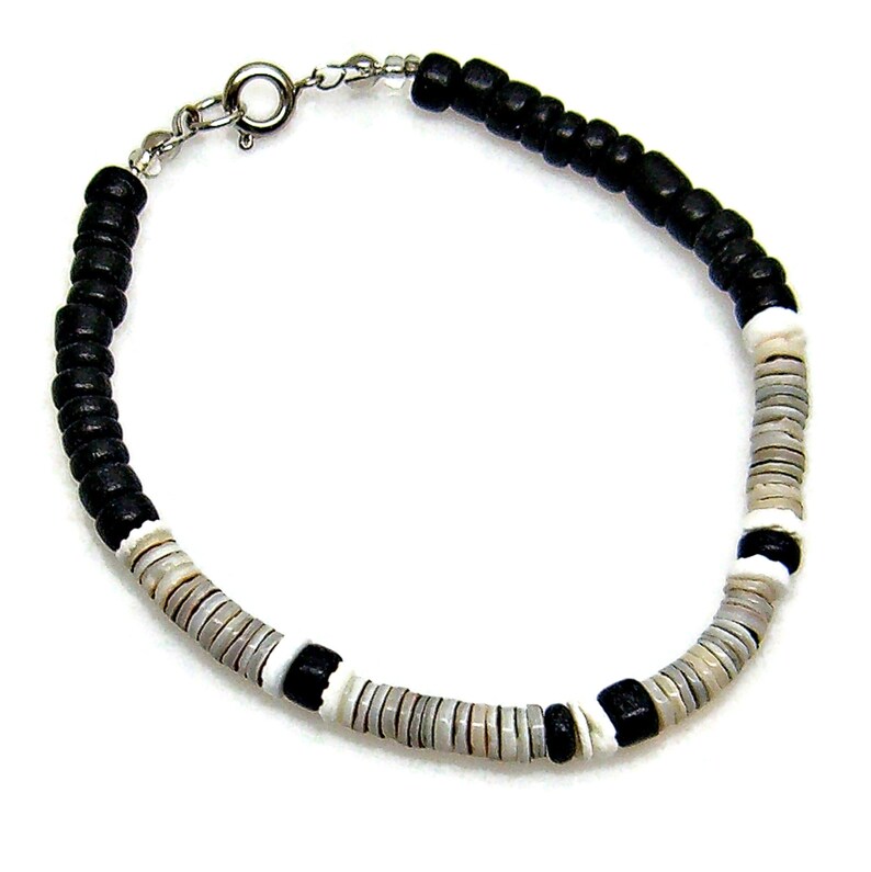 Anklet or Bracelet Black Coconut, Heishi and Puka Shell Beads Hawaiian Surfer SUP 5209 6267 6267 7.5" Bracelet