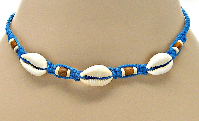 16 Macrame Cowrie Shell Choker Necklace with Wood and Coconut Beads Beach Sea Shells Surfer Girl VSCO 7015