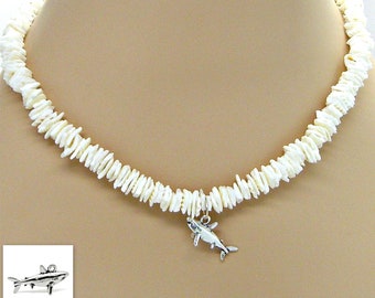 Silver Shark Puka Shell Necklace White Chip Square Cut Lengths 15, 16, 18, 20 inches SUP Surfer Seashell Jewelry 7065-05