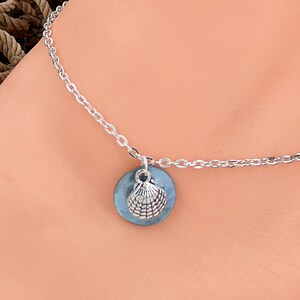 Scallop Sea Shell Anklet or Bracelet Silver Cable Chain with Blue Shell Disc Minimal Jewelry 6, 7, 8, 9, 10, 11 Inches 1005-86-SD