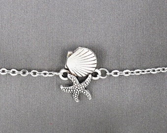 Starfish Sea Shell Bracelet Anklet Adjustable Cable Chain 7" - 9.5" Silver Tone Beach 1028-61