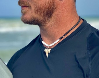 LG or XL Fossil Shark Tooth Necklace 4-5mm Coconut and Puka Sea Shell Beads Surfer SUP Length Choice 18_21_24 inches