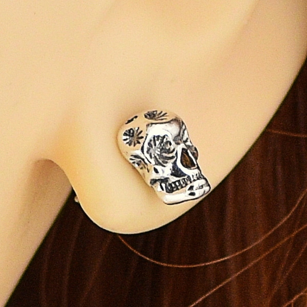 Earrings Skull Sterling Silver Sugar Skull, Halloween, Skeleton Minimal Pierced Small Ear Studs, Single or Pair 3403