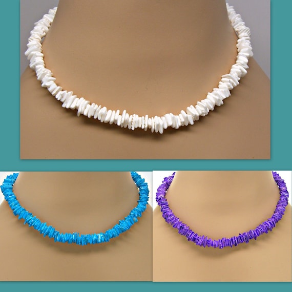 Puka Seashell Necklace 18 Inches Three Color Choices Aqua Purple
