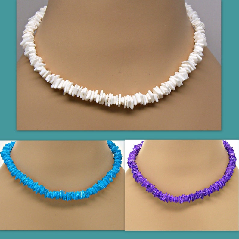 Puka Seashell Necklace 18 inches Three Color Choices Aqua, Purple, White Square Cut Chip Shell Beach Hawaiian Shells Surfer SUP 7065 C image 1