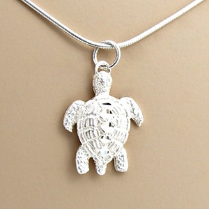 May include: A silver chain necklace with a detailed silver turtle pendant.