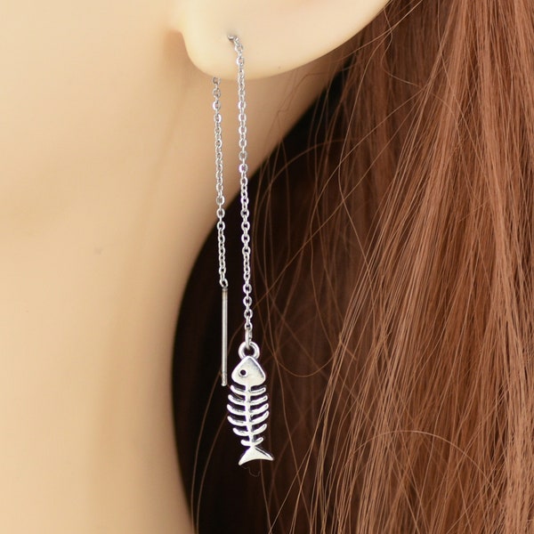 Fish Bones Sterling Silver Ear Threads Threader Earrings, Skeleton Pair 4.5" Adjustable Length 1875ET