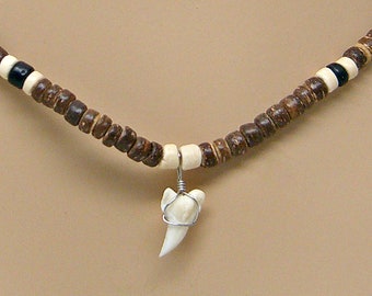 White Shark Tooth Necklace 18" Coconut Bead SUP Surfer Hawaiian Beach Sharks Teeth Jewelry 7030-WL