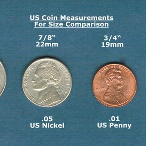 May include: A comparison of the sizes of US coins, including a quarter, nickel, penny, and dime. The coins are arranged from largest to smallest, with their respective sizes in inches and millimetres listed below each coin. The background is a dark blue colour.
