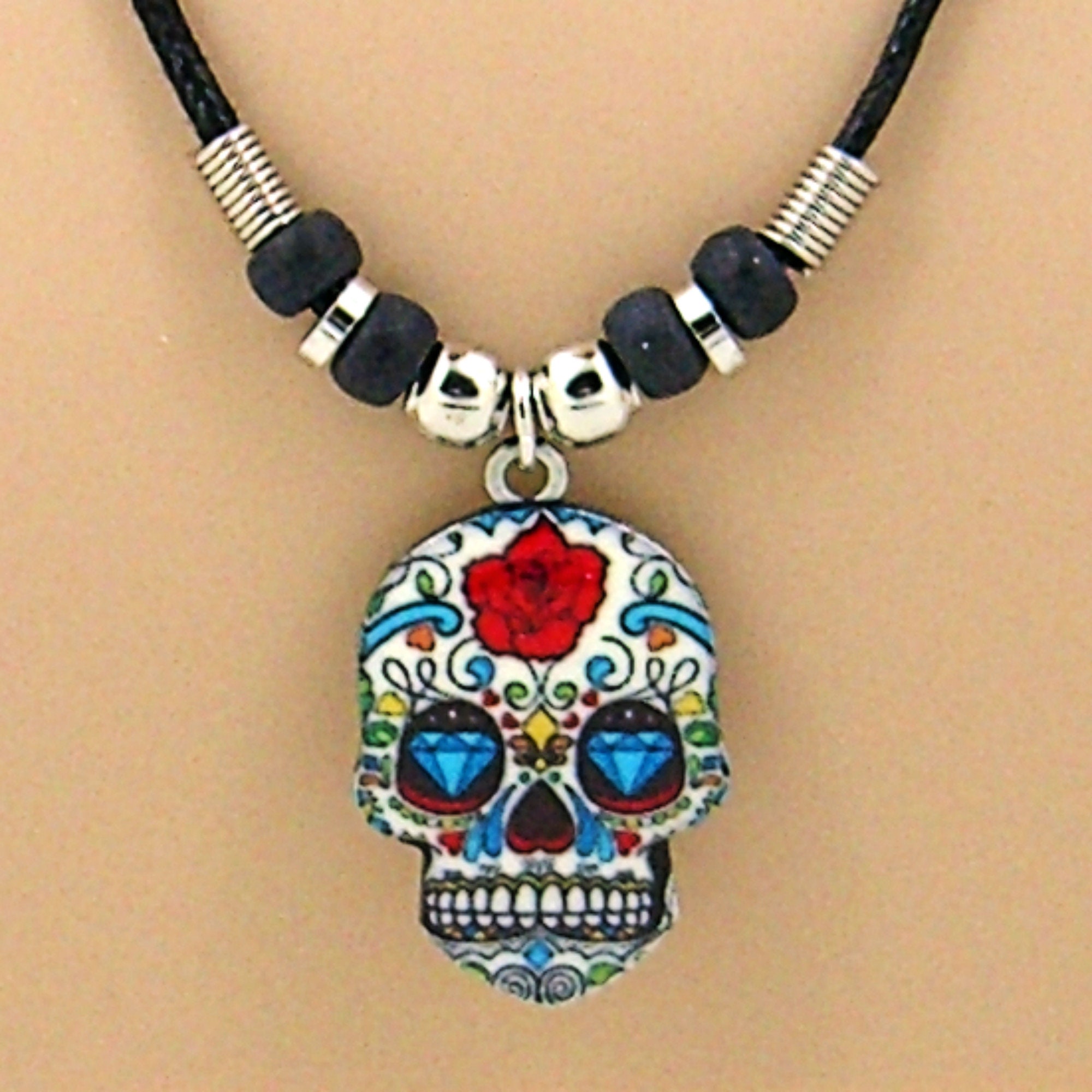 Day of the Dead Necklace, Colorful Sugar Skull Pendant, Black Cord