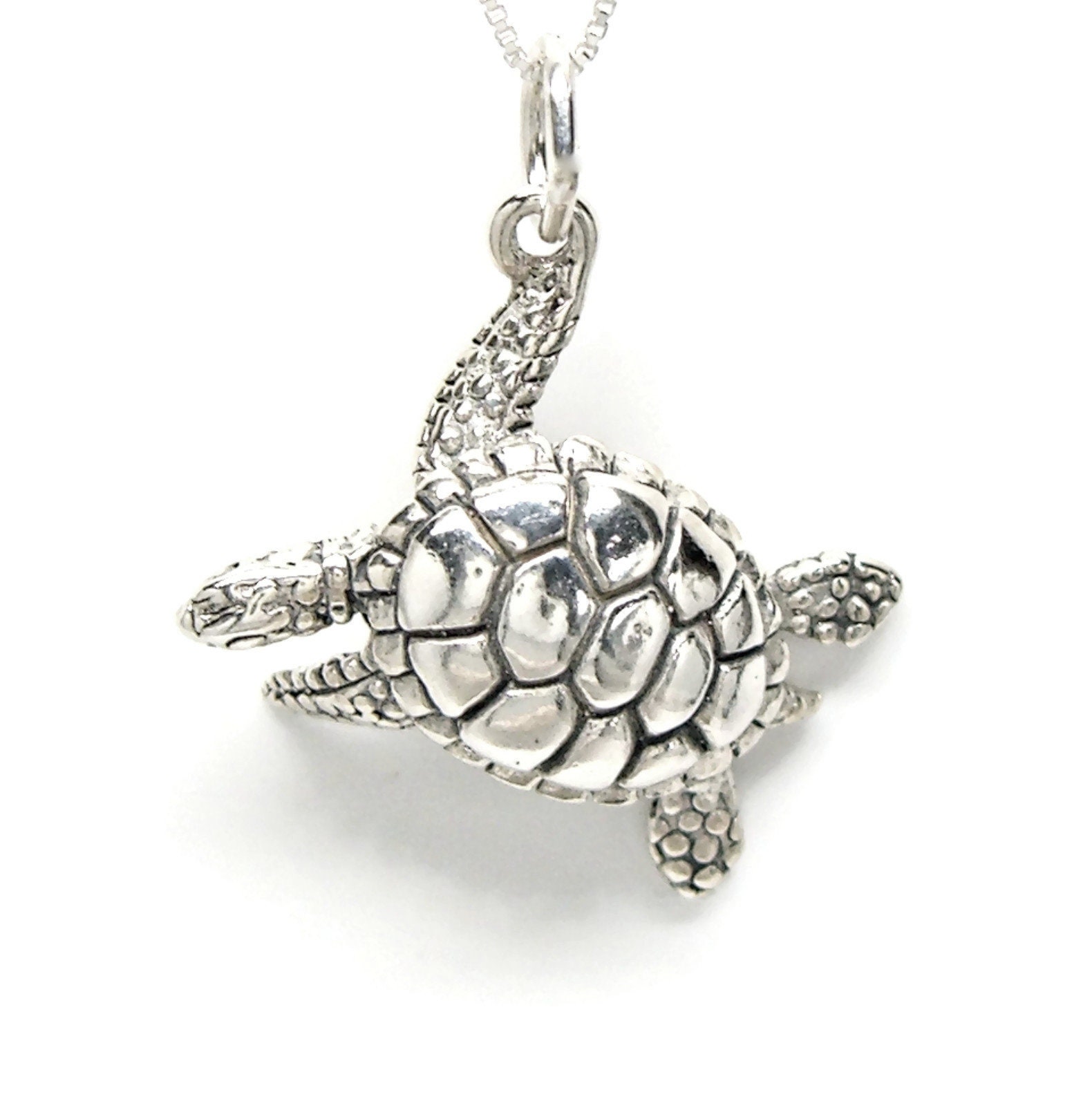 Baby Sea Turtle 3D Pendant Necklace - 925 Sterling Silver - 18" Marine Life Jewelry