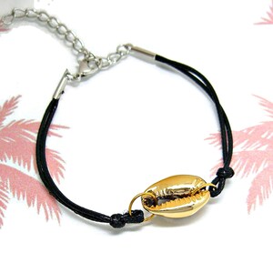 Gold Cowrie Sea Shell Bracelet Adjustable Cord String 7.25 to 9.25 Inches Sea Shell Beach Boho Choice of Black or Blue 1004-49