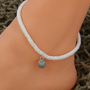 Scallop Shell Puka Shell Anklet, Adjustable, White 3-4mm Shell Beads, 9&quot; to 12&quot; Hawaiian Surfer Beach Sea Shell 5235-86
