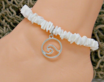 Anklet Puka Chip Shell Silver Plated Ocean Wave 9 Inch Ankle Bracelet White or Pink Sea Shells 5233-41