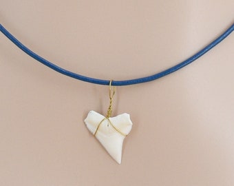 White Tip Shark Tooth Leather Necklace Gold Wired Beach Jewelry Pendant Charm Choice of Length and Color 9008-WT-U-GW