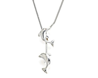 2 Dolphins Necklace Sterling Silver 18.5 inch Adjustable Slider Style 10-1 #2