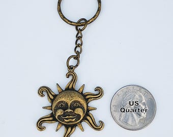 Bronze Sun Face Keychain, Metal Key Ring 77-KC