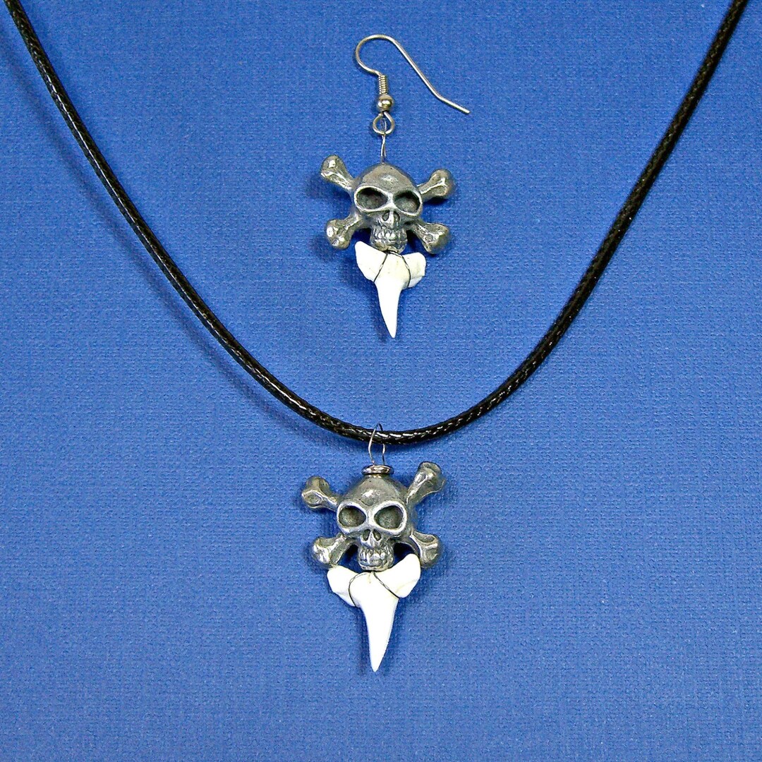 Shark Tooth Earring and Adj Necklace Set With Skull and Crossbones
