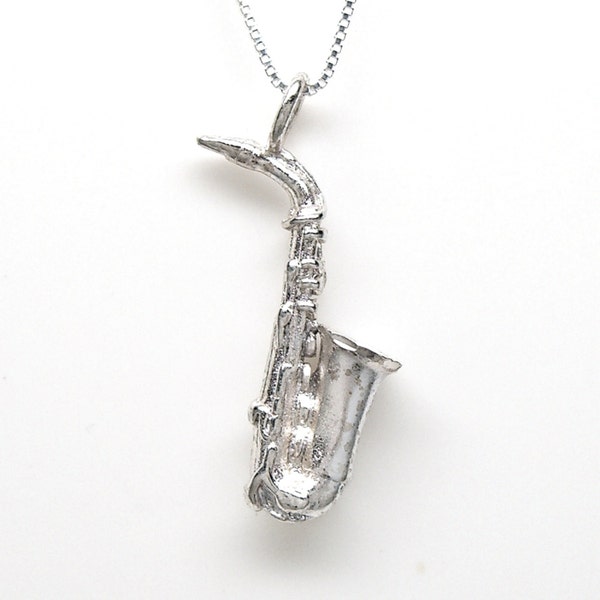 Sax Saxophon Sterling Silber 3D Musikinstrument Charm Anhänger oder Halskette 2233