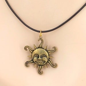 Sun Face Brass and Leather Necklace Jewelry Pendant Charm Choice of Length and Color 9008-77