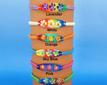 Tropical Flowers Bracelet or Anklet, Adjustable Macrame Cord, Hand Carved Wood, 6 Color Choices 5221