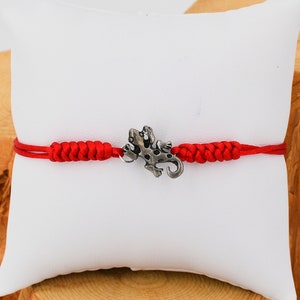 May include: Red string bracelet with a silver lizard charm.