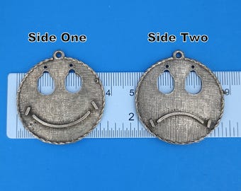 Happy Sad Face Reversible Necklace Pendants, Smile or Frown Pewter #8252